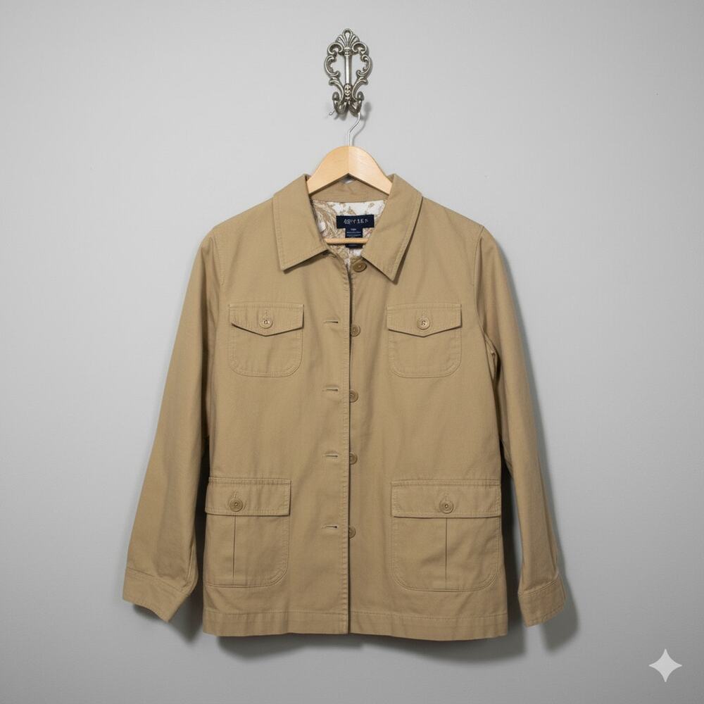 Denim & Co Utility Jacket Womens Small Khaki Cotton Zip Snap Floral Lined